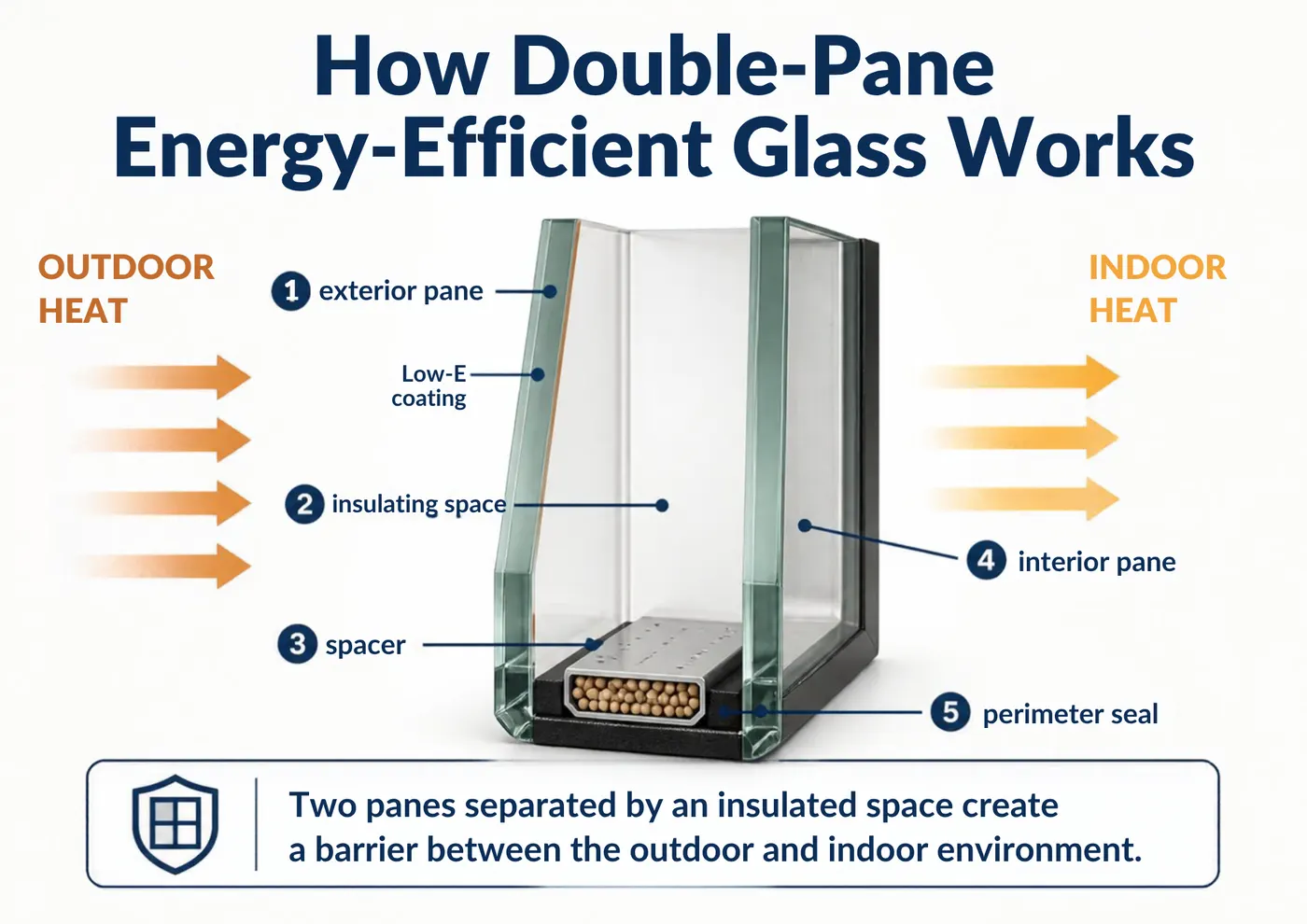 Double-pane glass education infographic showing two glass panes, insulating space, Low-E coating, spacer and edge seal.
