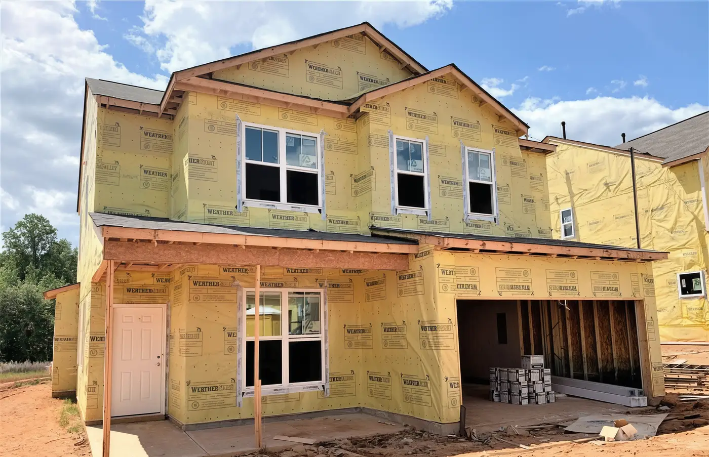Two-story new construction wrapped in weather-resistant barrier with windows set and an open garage bay, ready for siding